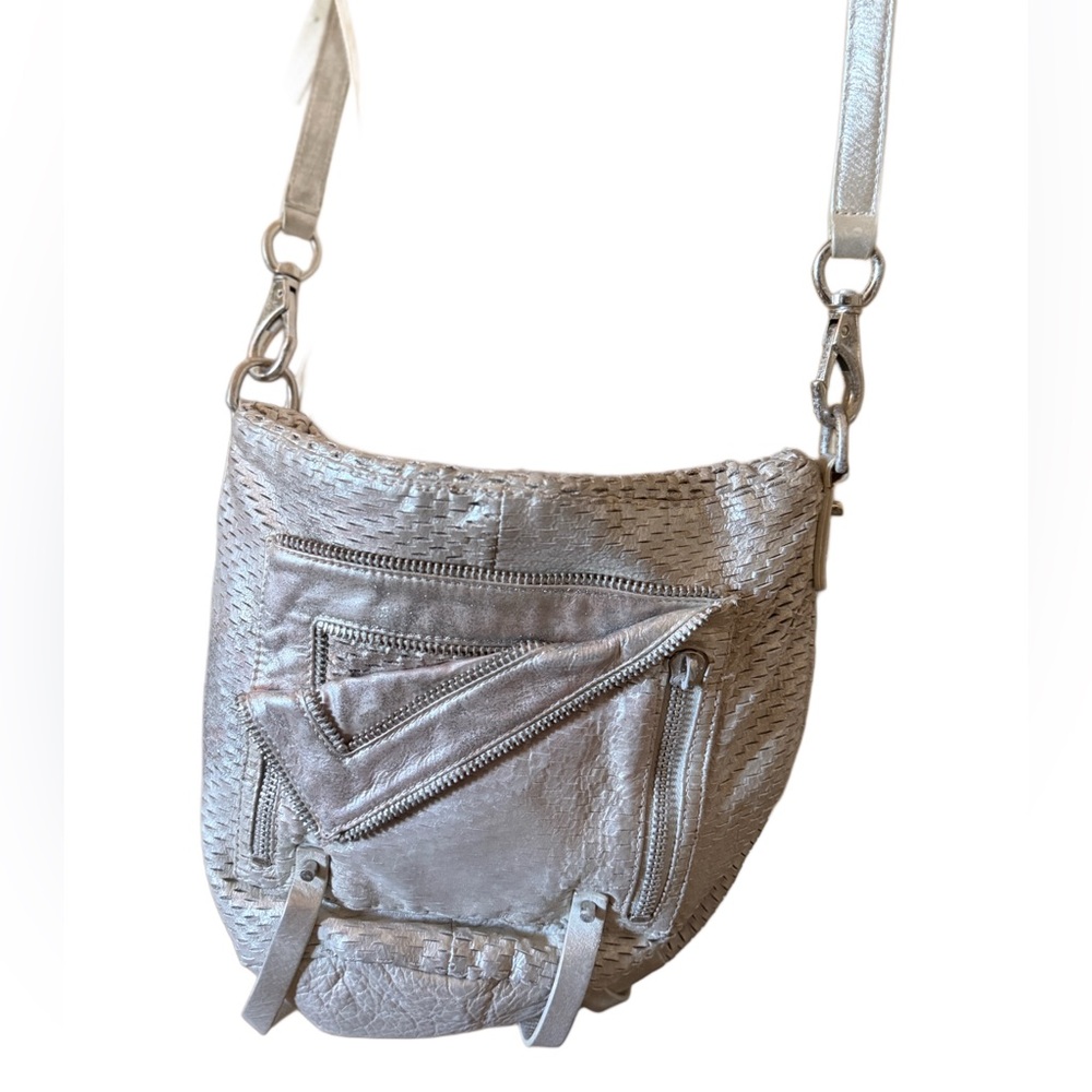 she & lo metallic distressed silver 100% leather crossbody bag large hobo bag